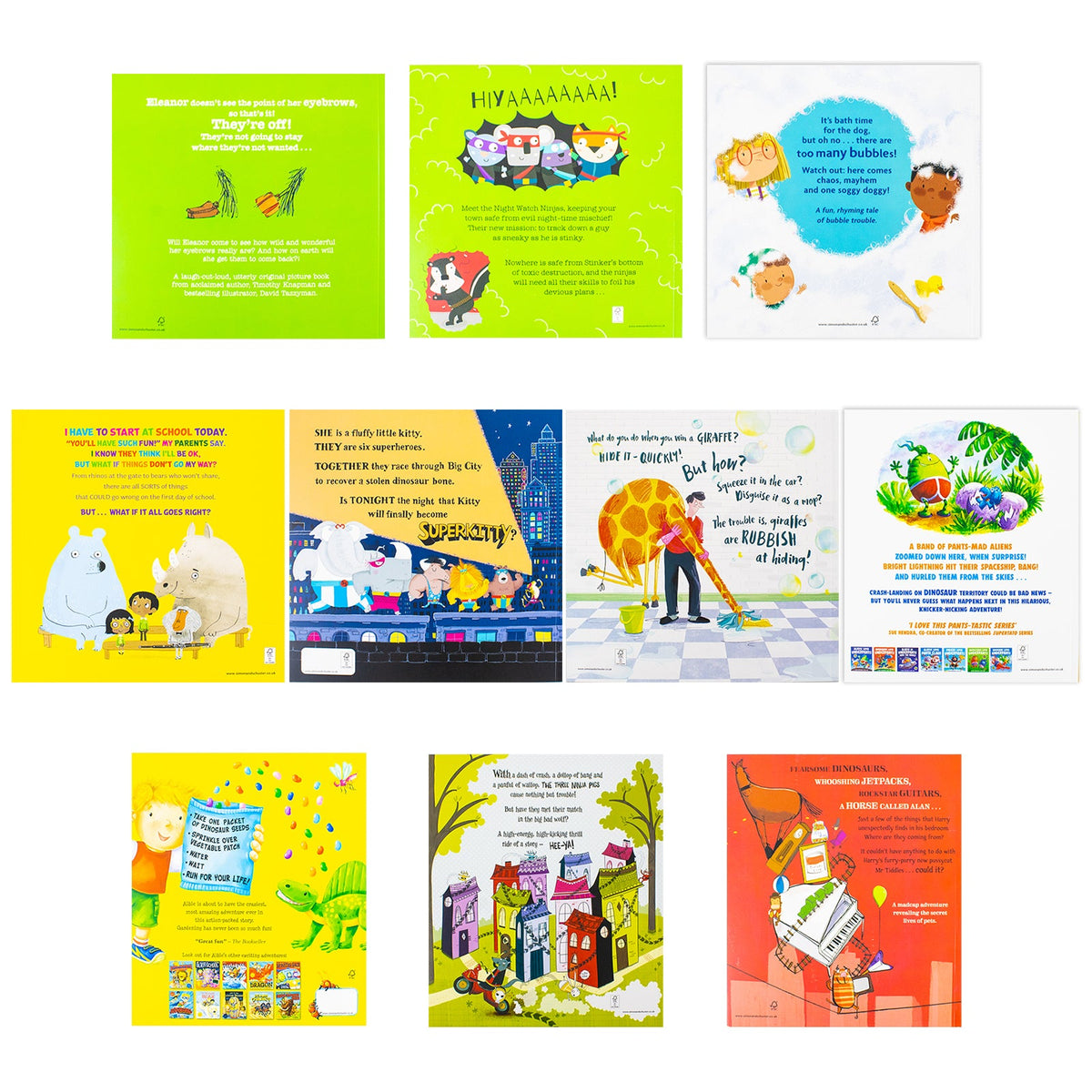 Humorous Children's Picture Books Collection Illustrated 10 Books Set (Aliens Love Dinopants, Superkitty, Three Ninja Pigs, Have You Seen My Giraffe?, Eleanor's Eyebrows, Too Many Bubbles & More...)
