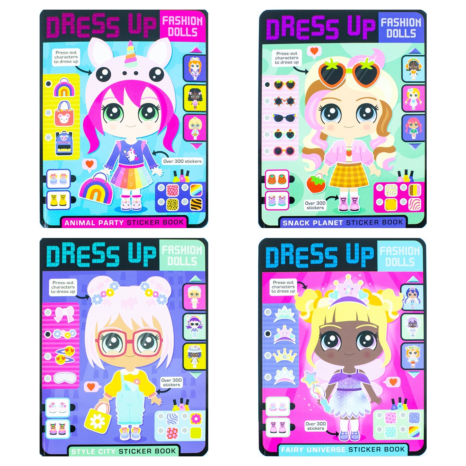 Dress Up Fashion Dolls Collection by Sophie Collingwood Illustrated 4 Sticker Activity Books Set (Dress Up Fashion Dolls: Animal Party, Fairy Universe, Snack Planet & Style City)