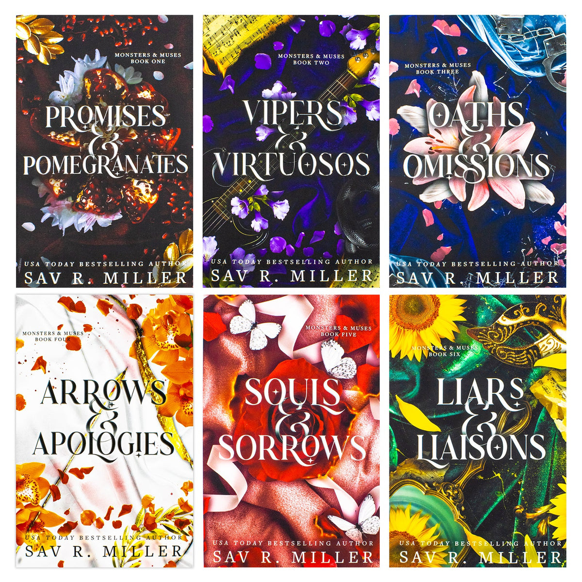 Monsters and Muses Series 6 Books Collection Set By Sav R. Miller (Promises and Pomegranates, Vipers and Virtuosos, Oaths and Omissions, Arrows and Apologies, Souls and Sorrows and Liars and Liaisons)