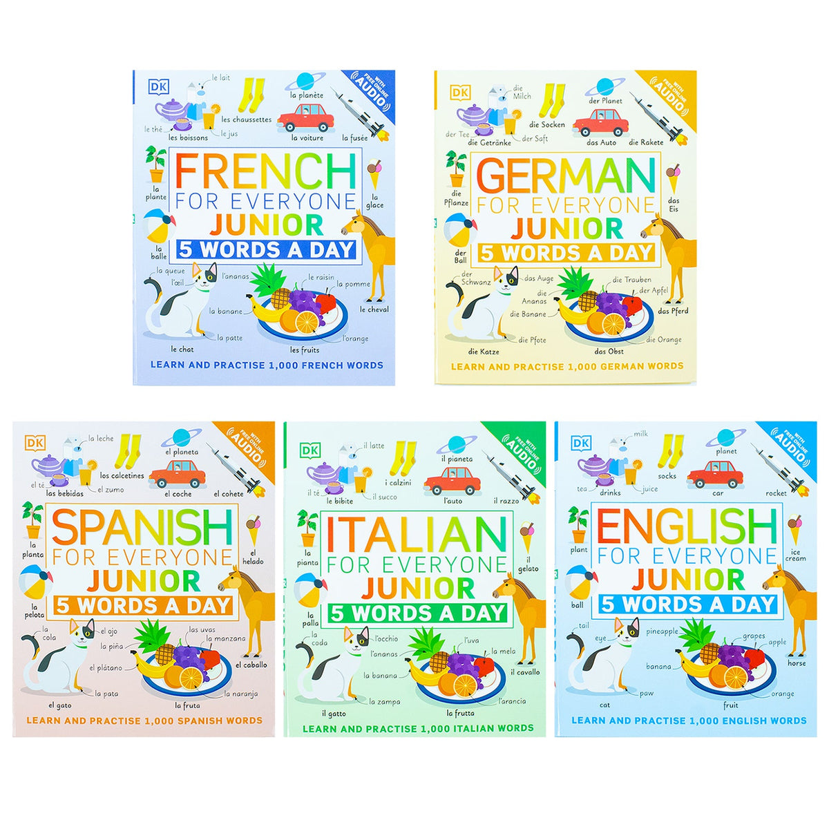 5 Words a Day series 5 Books Collection Set By DK (French for Everyone Junior, Italian for Everyone Junior, German for Everyone Junior, Spanish and English for Everyone Junior 5 Words a Day)