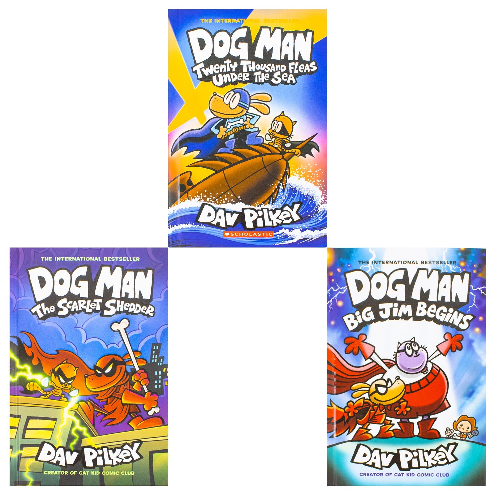 Dog Man Series 11-13 Collection 3 Books Set By Dav Pilkey (Twenty Thousand Fleas Under the Sea, The Scarlet Shedder and Big Jim Begins)