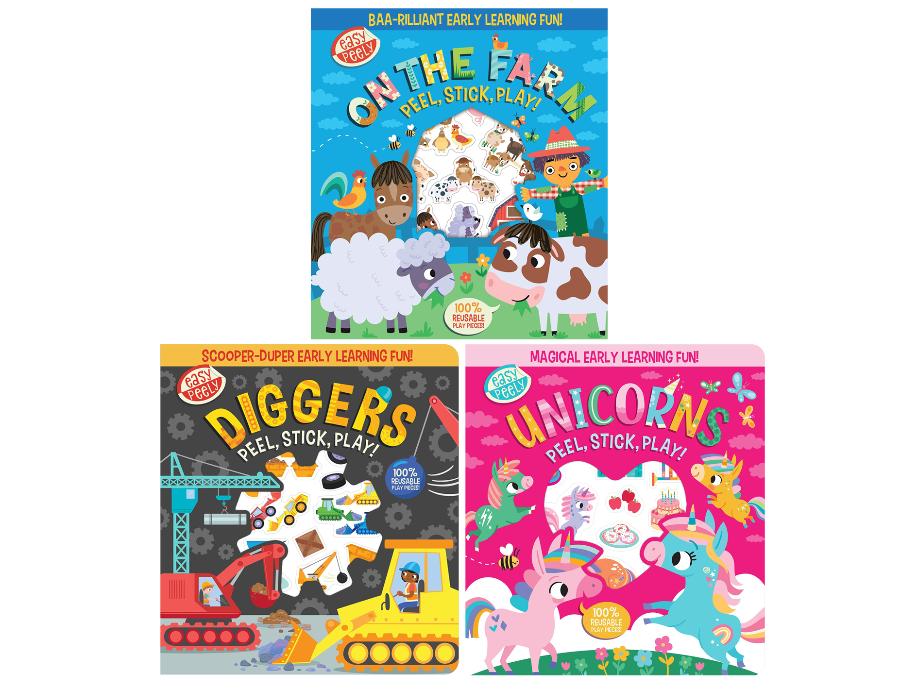 Easy Peely Peel, Stick, Play! 3 Books Collection Set (Unicorns, Diggers, On The Farm)