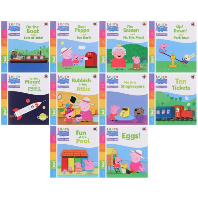 Learn with Peppa Phonics Level 1 and 2 Collection 20 Books Set By Peppa Pig (Tip Tip and Sit Sip, Sad and Tip a Pan, Got It! and Pips in a Pack, Ten Tickets, Fun at the Pool and More)