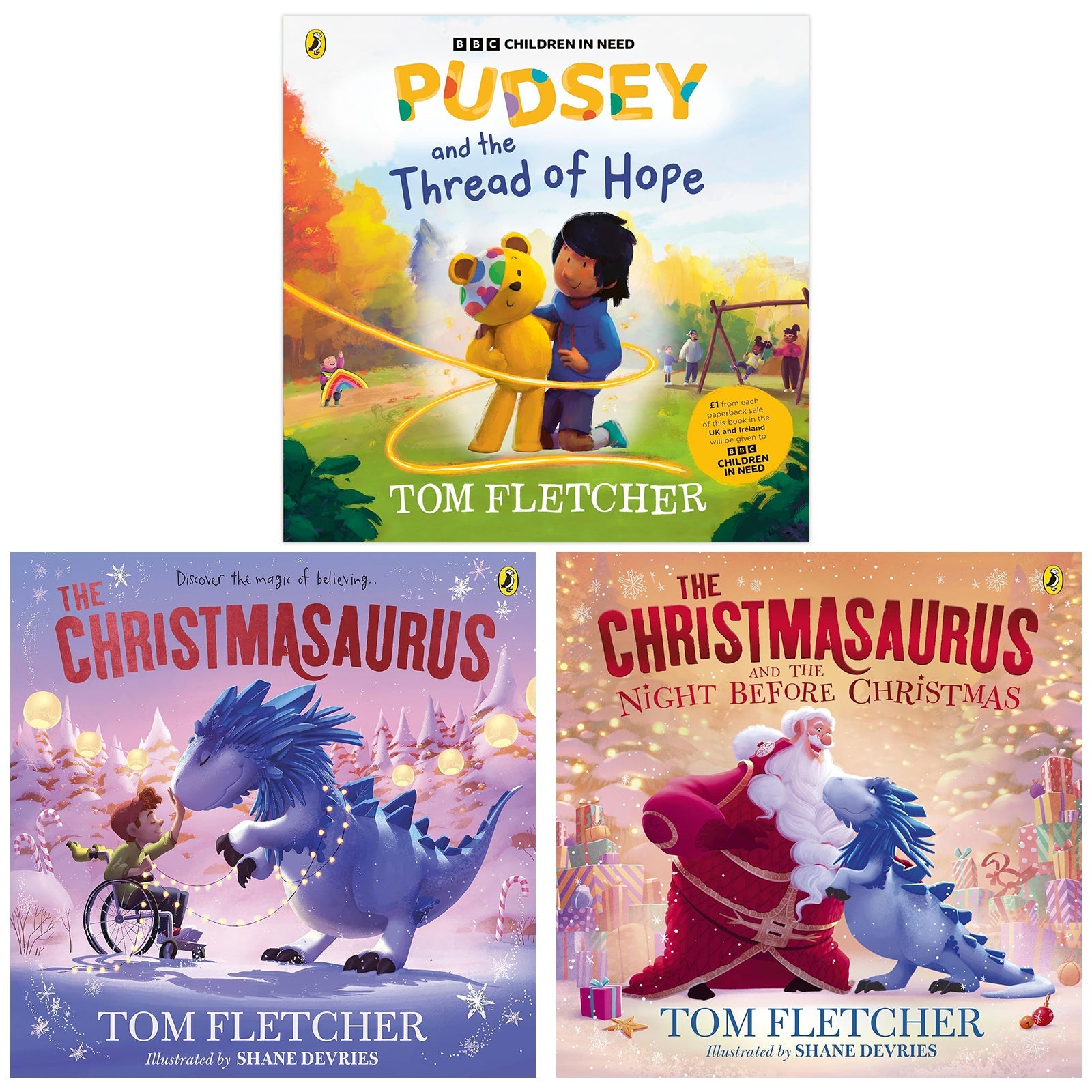 The Christmasaurus Picture Book Series & Pudsey and the Thread of Hope 3 Book Collection By Tom Fletcher