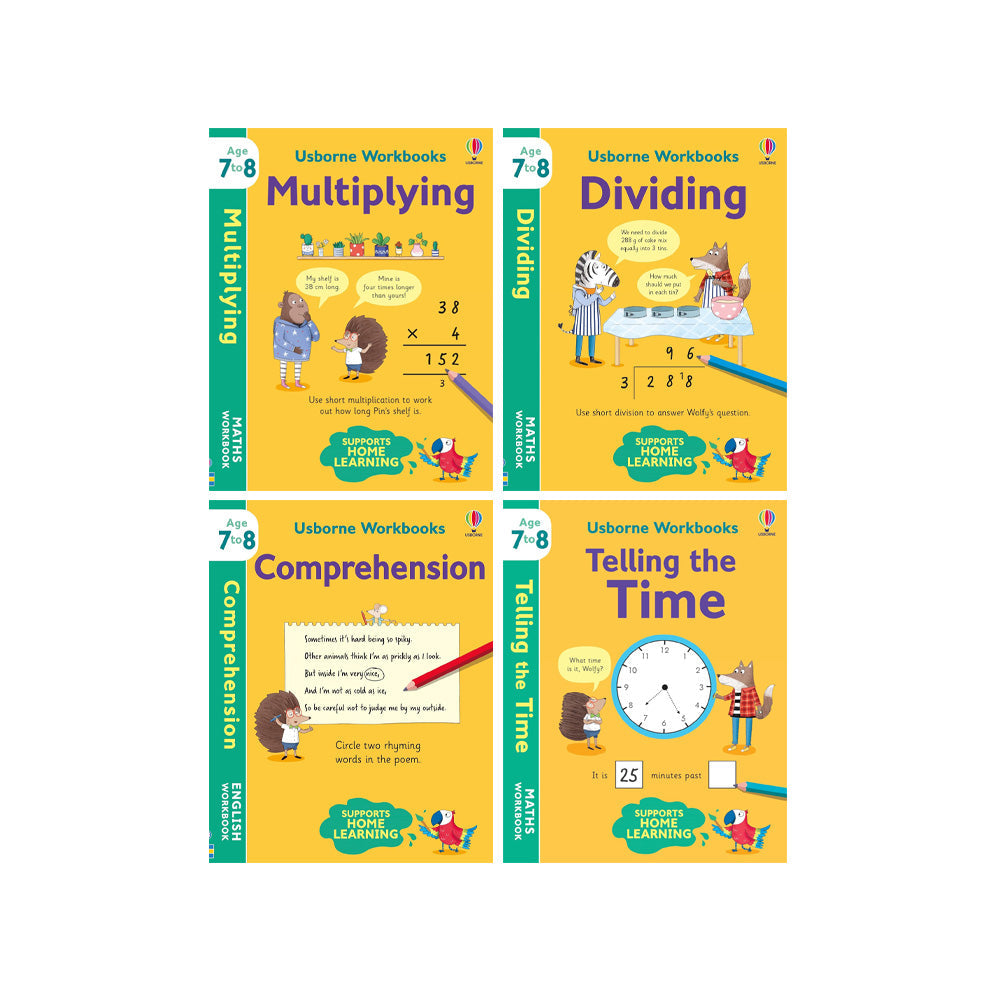 Usborne Children’s Educational Workbooks 4 Book Set Ages 7-8 - Telling Time, Comprehension, Multiplying & Dividing