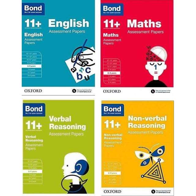 Bond 11+ English 4 Book Set for Ages 8–9 | Practice Workbooks for Maths, English, Verbal & Non-Verbal | Educational Kids Learning & Fun Activities