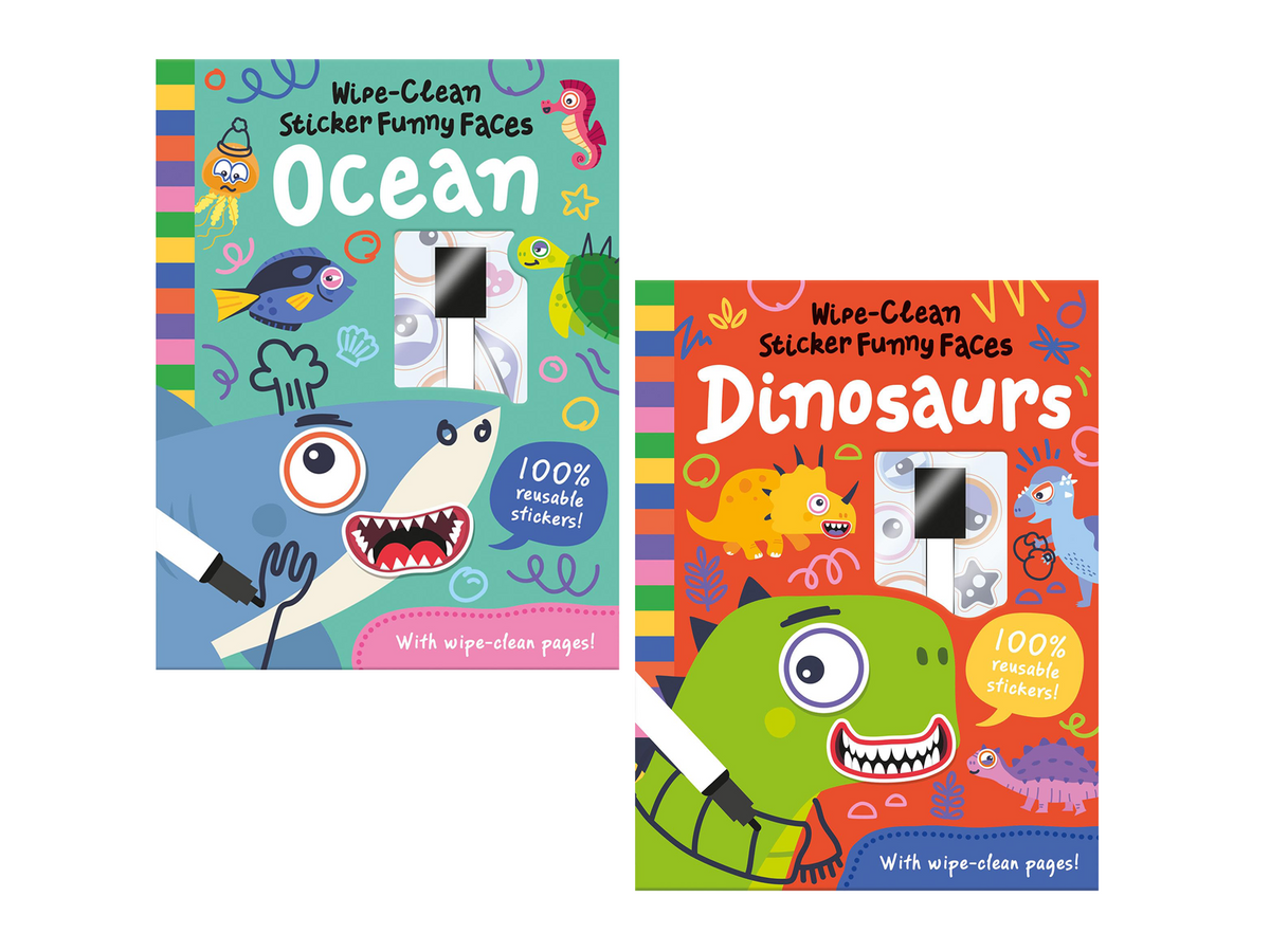 Wipe-Clean Sticker Funny Faces 2 Books Collection Set – Dinosaurs & Ocean Adventures Inc Pen