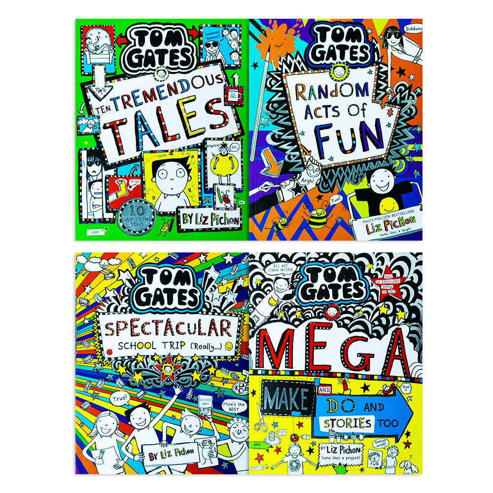 Tom Gates Series 16-19 Book Set by Liz Pichon | Children's Funny Stories Collection: Mega Make and Do, Spectacular School Trip, Tremendous Tales